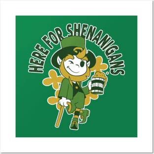 Here for Shenanigans Leprechaun Drinking Beer for St  Patrick's Day Posters and Art